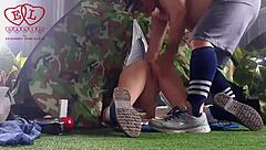 stranger dominates nudist lady's pussy outdoors in forest camp nature fuck 💚🍑🏕️