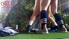 stranger dominates nudist lady's pussy outdoors in forest camp nature fuck 💚🍑🏕️