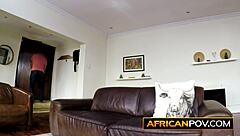 Busty African MILF in lingerie takes deep doggy at fake maid interview