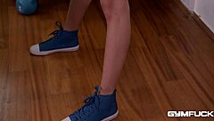 Gym babe Missy Avluv in shorts fantasizes fucking her coach hard