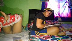 i rub my huge curvy ebony ass pussy while stepsis studies masturbating homemade pov