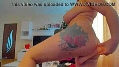 tattooed webcam babe rams dildo in tits bouncing action 🔥🍑💦