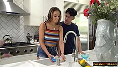 Naughty boyfriend sucks my tits while washing dishes stepmom catches us for living room threesome
