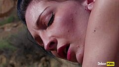 brunette teen slut bends over for outdoor anal pounding in desert heat