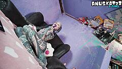 tattooed goth model teases pierced nipples then rips clothes for double anal toy penetration live