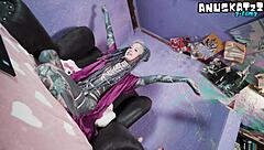 tattooed goth model teases pierced nipples then rips clothes for double anal toy penetration live