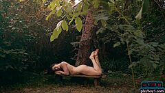 joy draiki strips outdoors showing hairy pussy and natural tits for playboy