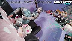 tattooed goth model teases pierced nipples then rips clothes for double anal toy penetration live