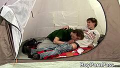 Patrik Janovic and Karel Fox start kissing then fuck hard bent over in tent