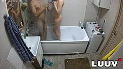 Luuv Esteban and Foxy shower together flashing shaved pussy natural tits and voyeur couple fun