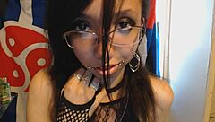 Petite Young Goth in Glasses Teases Huge Puffy Nipples While Wearing Dark Red Lipstick Dress
