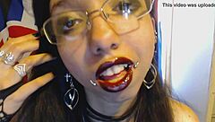 Petite Young Goth in Glasses Teases Huge Puffy Nipples While Wearing Dark Red Lipstick Dress