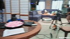 Brunette with Athletic Ass in Leggings Socks Takes Facial Cumshot After Crew Fuck Session