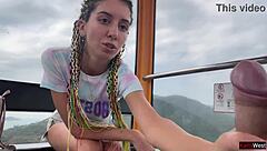 public flashing girl jerks huge cock then swallows cum on ferris wheel... wow!!