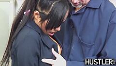 i'm busty asian gaia gettin smashed hard by big cock before janitor's messy facial load