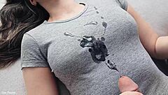 Girlfriend Jerks Huge Cock Till Hot Cumshot Covers My Tight Gray T-Shirt