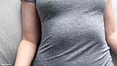 Girlfriend Jerks Huge Cock Till Hot Cumshot Covers My Tight Gray T-Shirt