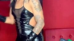 fat trans devil miss kitty bends over masturbates her monster cock doggystyle solo