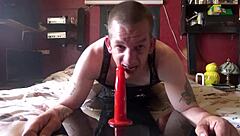 That bisexual crossdresser rides a dildo ass-to-mouth, craving real cock next.