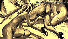 vintage erotic art features hairy beavers in retro antique style with pussy closeups