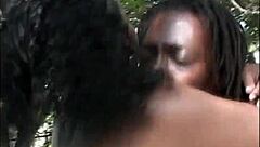 Big black tits bounce wild as ebony babes ride rough doggystyle, cowgirl, and missionary for cum facials