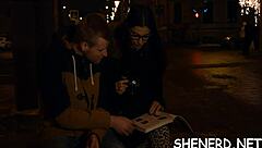 she lures the nerdy guy then pounds his cock missionary style rough.