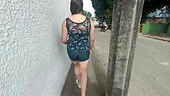 Colombian Latina stepmom's huge cameltoe pussy flashes in shorts with stepson on street.