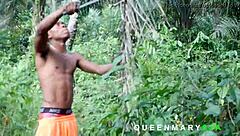 bush girl with big black cock hairy pussy rewards palm harvester's monster fuck outdoors.