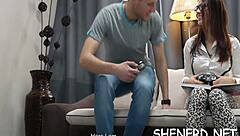 she lures the nerdy guy then pounds his cock missionary style rough.