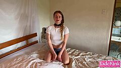 Amateur submissive Jade chokes on deepthroat gags in kinky play