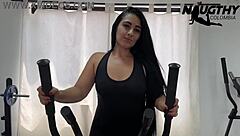 Petite latina teen slut teases pussy and ass with toys in empty gym humiliating herself