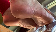 hey check my bare wrinkled feet dangling see-through high heels super close foot tease