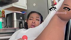 this cute ebony girlfriend fingers her pussy till mega squirts and moans