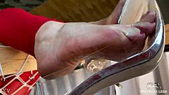hey check my bare wrinkled feet dangling see-through high heels super close foot tease