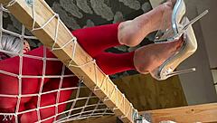 hey check my bare wrinkled feet dangling see-through high heels super close foot tease