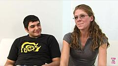 smoking brunette girlfriend rides another man's cock cowgirl while bf watches her tight pussy stretch