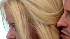 blonde cutie slams two cocks in double penetration assfucking on white sheets cumshots everywhere!