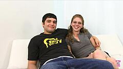 smoking brunette girlfriend rides another man's cock cowgirl while bf watches her tight pussy stretch