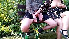 Step mom flashes huge natural tits in park making stepson cum hard