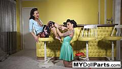 Sexy lesbians Kayla Jane Danger and Kalina Ryu tease in lingerie and stockings