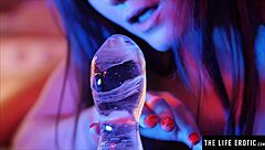 petite brunette stretches tight asshole with massive ice dildo