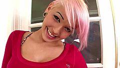 pretty pink haired babe chokes on huge cock then gulps cum