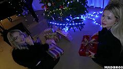 two blonde christmas moms take anal under tree then dp on piano! 🎄🍑💦