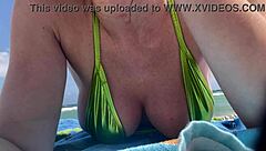 italian milf artemisia's big tits bounce in public beach bikini
