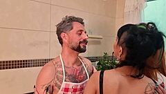 hot blonde mom and her busty daughter seduce me in kitchen for wild threesome fuckfest!