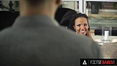 Imagine cute ebony Romy Indy wrapping her pretty feet around that big cock for a steamy footjob fuck.