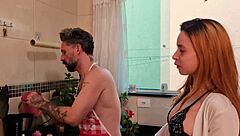 hot blonde mom and her busty daughter seduce me in kitchen for wild threesome fuckfest!