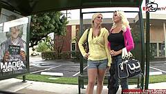 two stacked blondes snag a pickup then dive into steamy lesbian fingering and toy play on camera