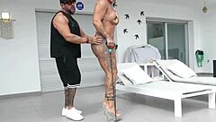 danaxmuscles and husband mikexmoreno welcome black gardener giant cock to villa for outdoor sex in garden nature setting with big ass milf wife muscular bodybuilder husband