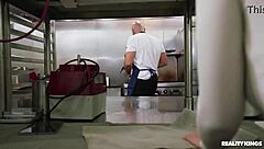 i choke on that huge dick at the restaurant before swallowing cum in this wild ffm threesome